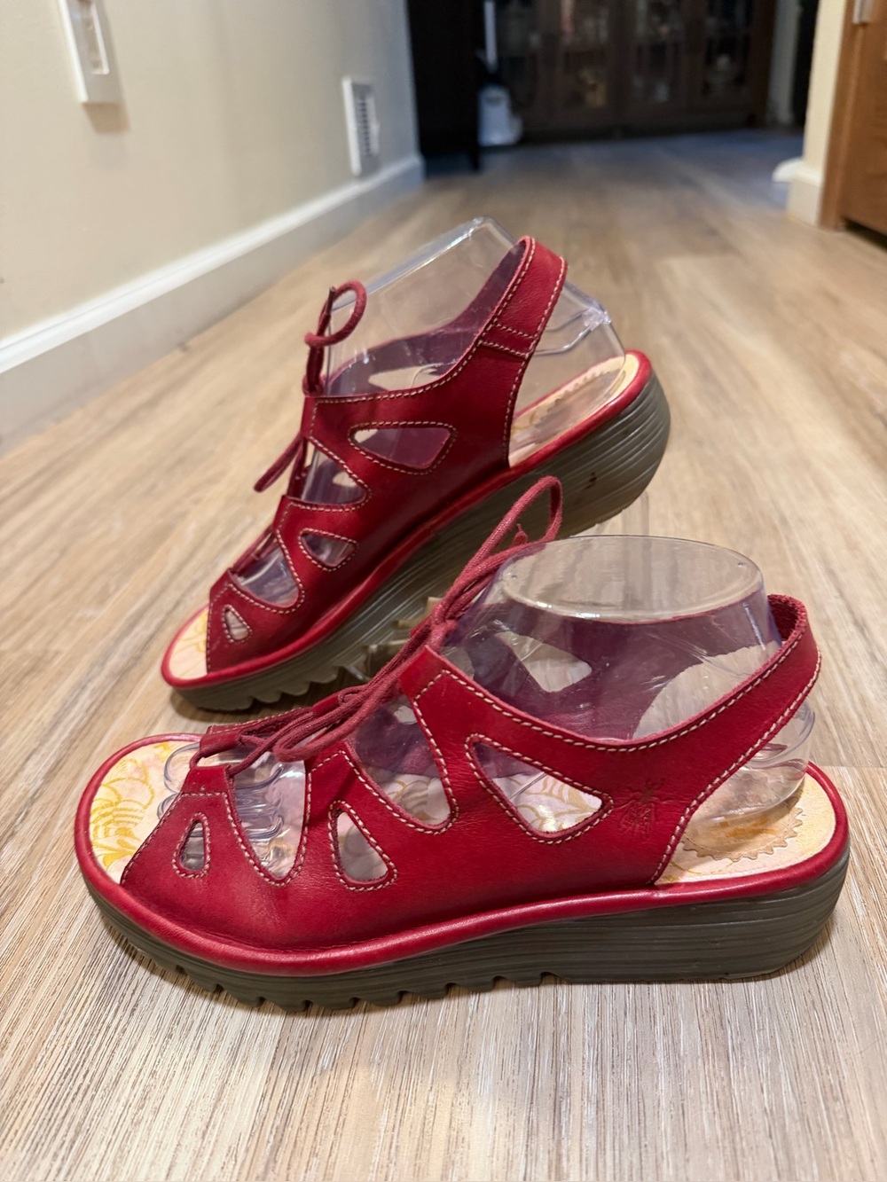 FLY London Ylfa Red Leather Wedges US 9 EU 40 New